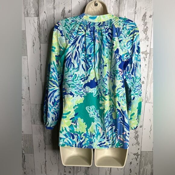 Lilly Pulitzer Elsa Leaf Tropical Silk Blouse Blue Green Tunic Shirt Top Size XS - Picture 5 of 9